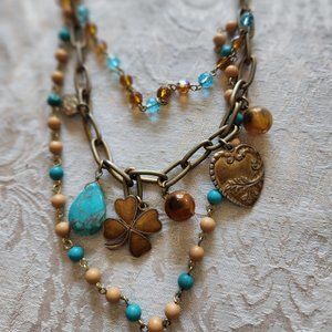 Lucky Four Leaf Clover Tourquoise colored Gold Toned Multi Chain 10" Necklace